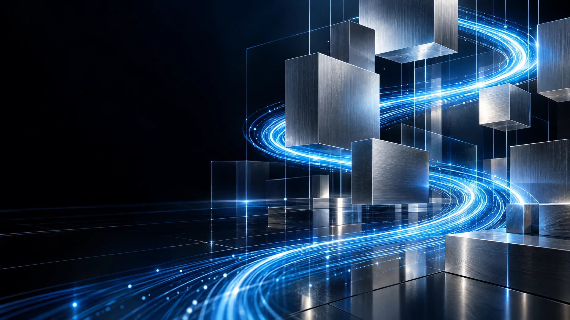 Luminous blue data pathways moving through brushed silver architecture